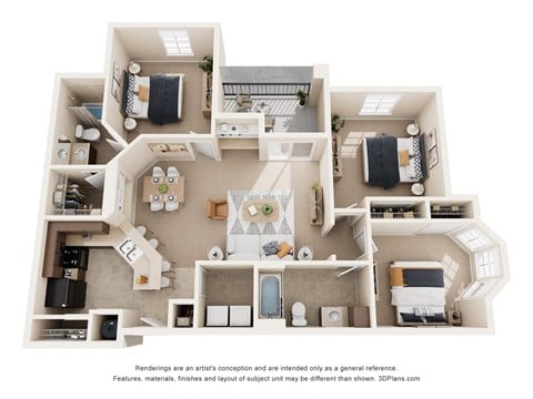 Floor plan for 3 beds, 2 baths, 1292 sqft